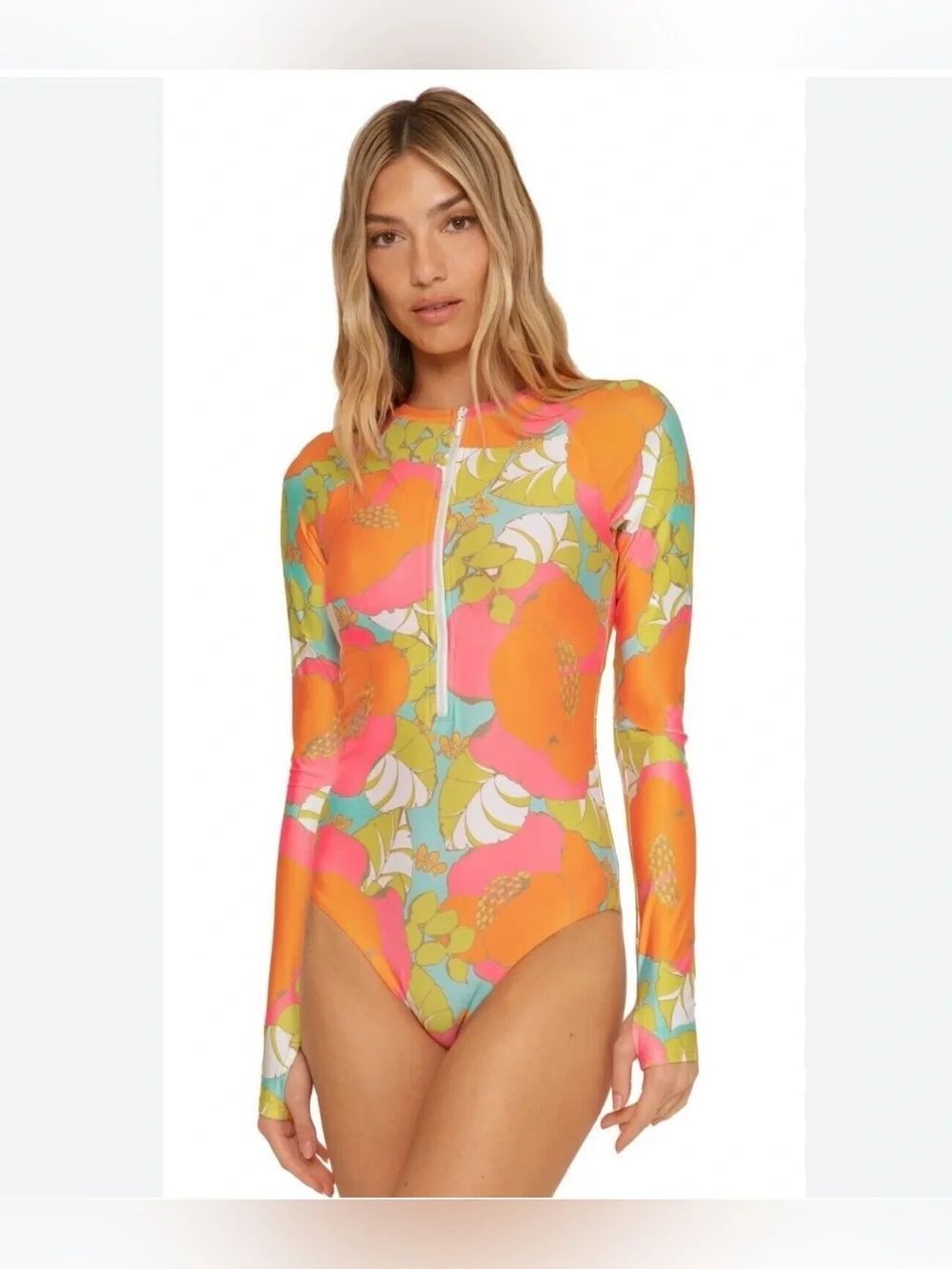 TRINA TURK PLAYA DE FLOR ZIP FRONT PADDLE SUIT SWIMSUIT Long Sleeve Floral;SizeS